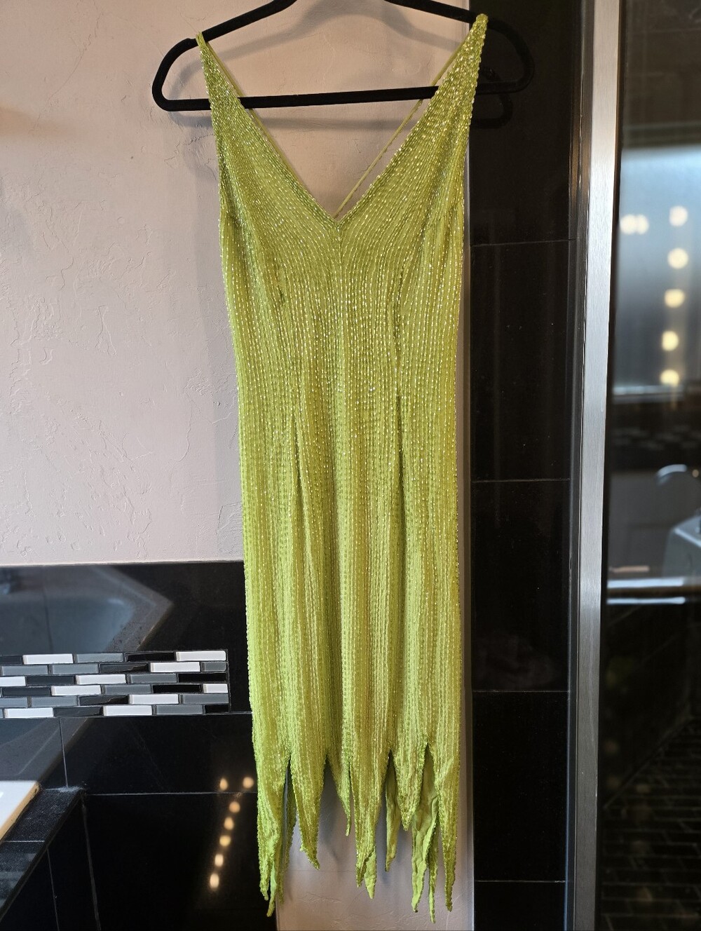 Green Glass beaded tinkerbell dress with V-neck and open back.